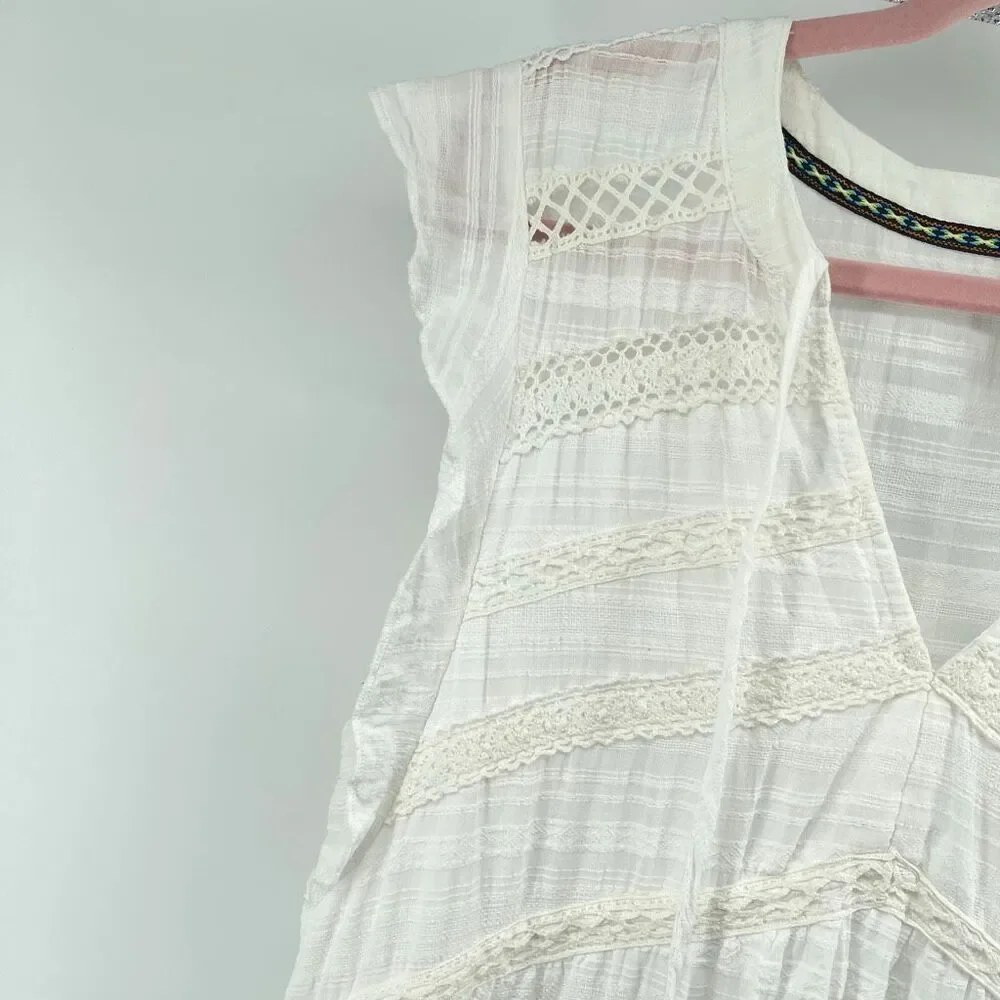 Knox Rose White Boho Lace Trim Tiered Short Dress Tassel Tie Size Large - Picture 7 of 14